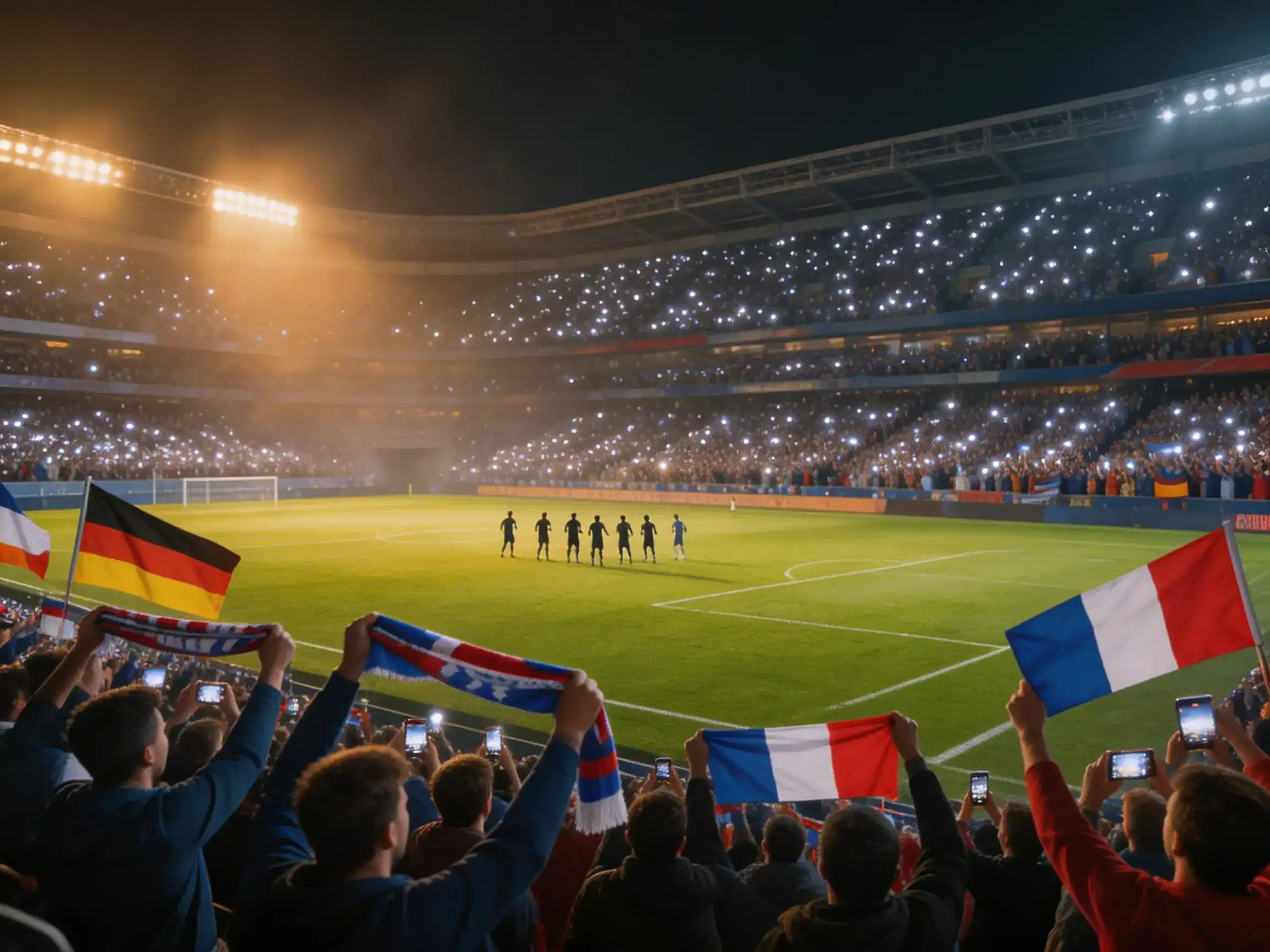 Supporters dans les tribunes d'un stade de football lors d'un match international en soirée