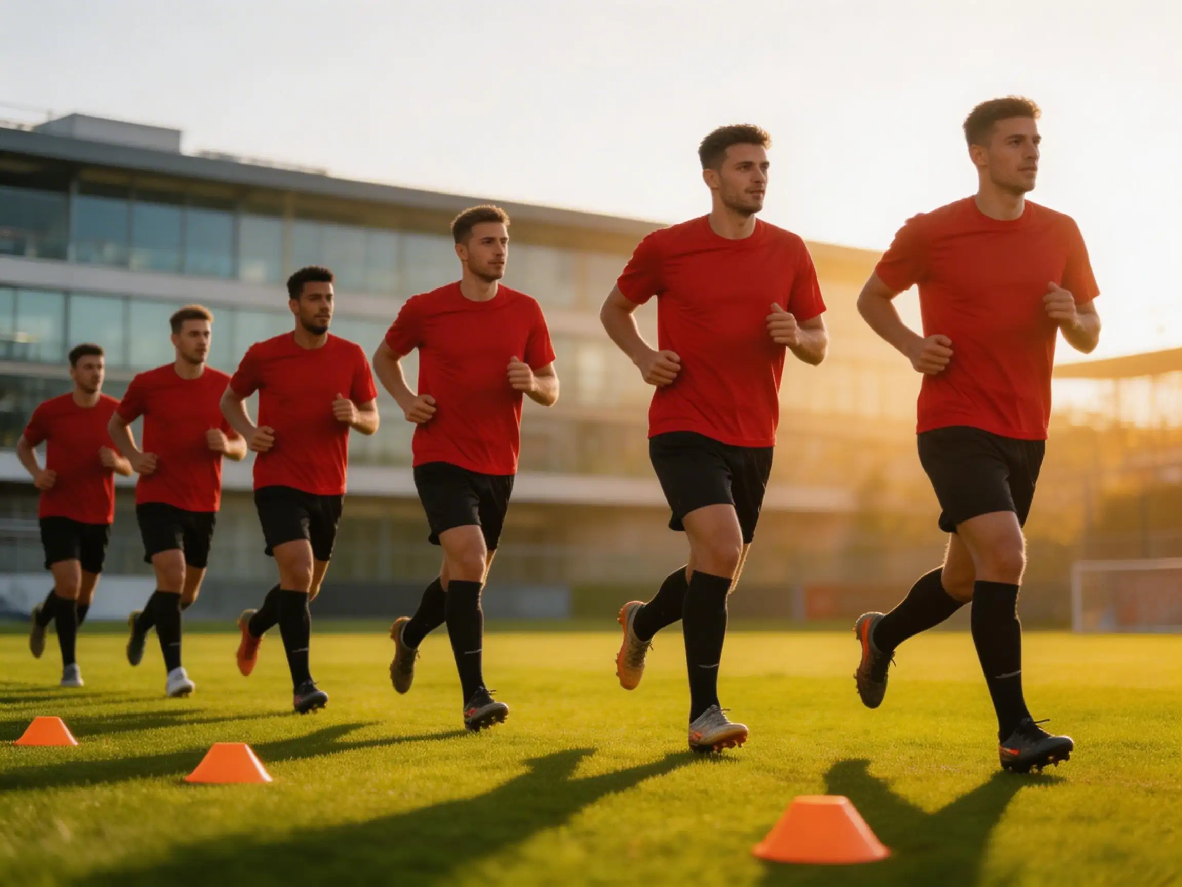 Joueurs de football en maillot rouge lors d'un échauffement sur pelouse verte avant un match international