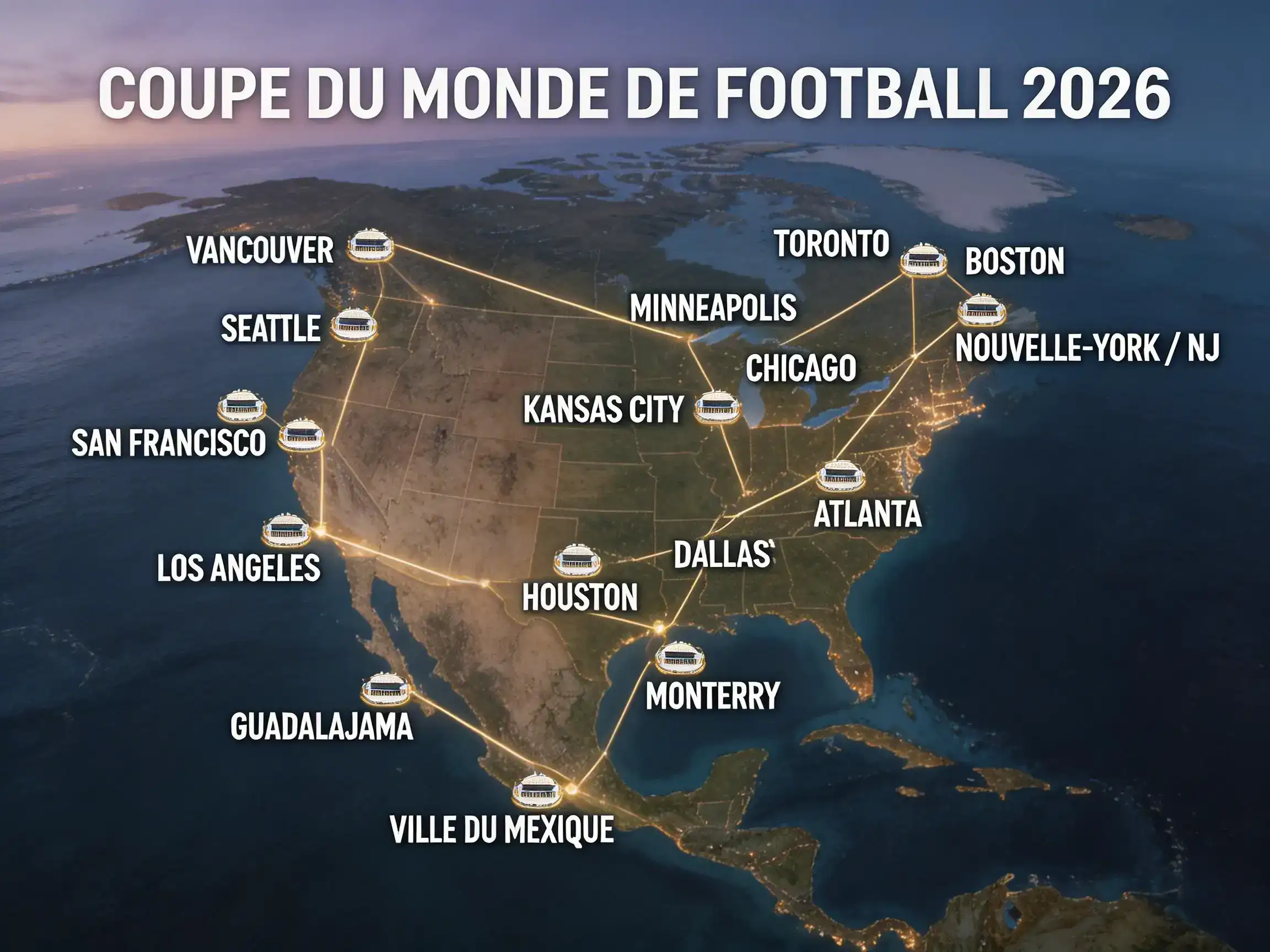 Carte des 16 stades du Mondial 2026 répartis entre les États-Unis, le Mexique et le Canada