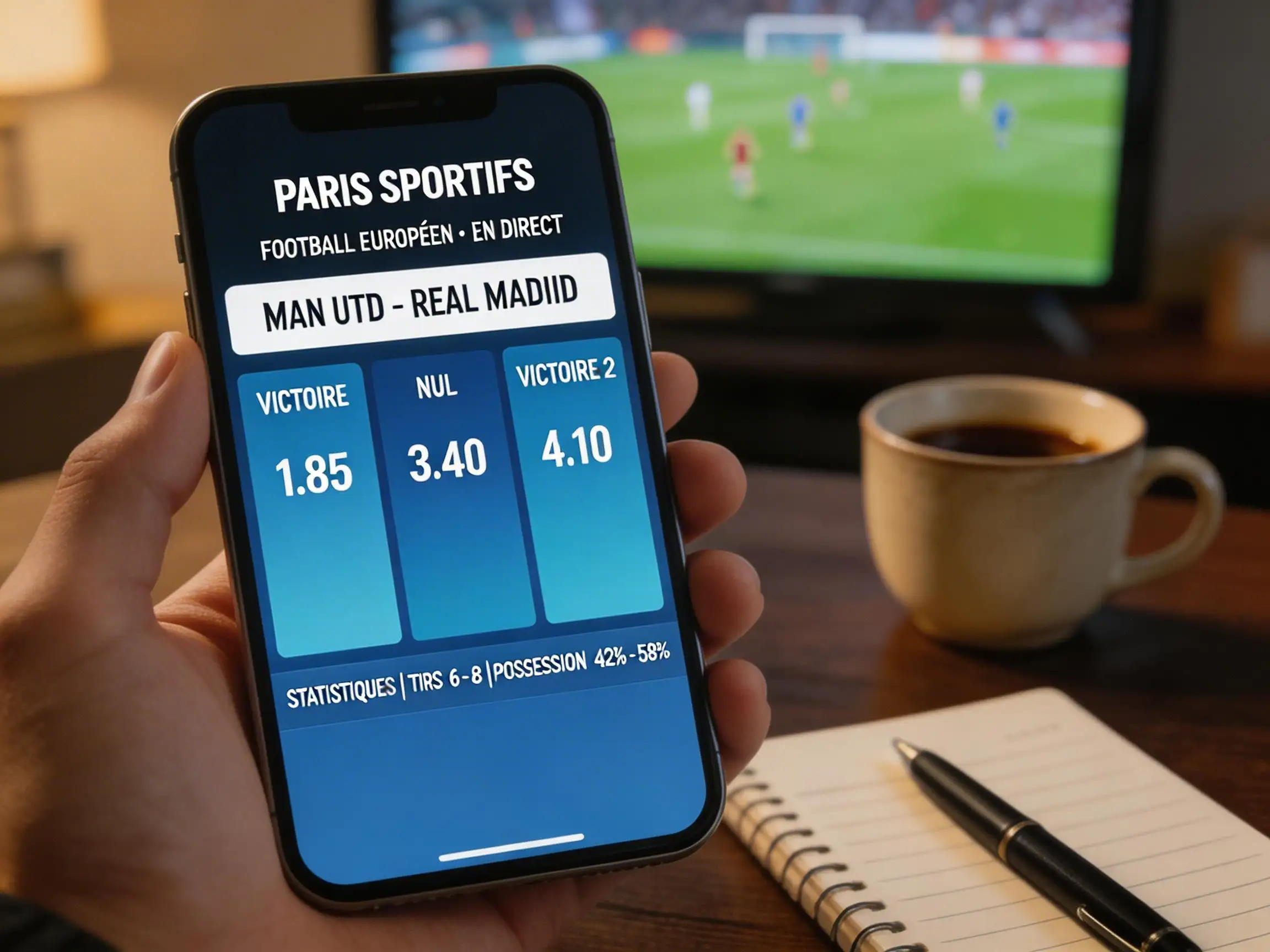 Écran de smartphone affichant des données sportives avec un terrain de football en arrière-plan flou