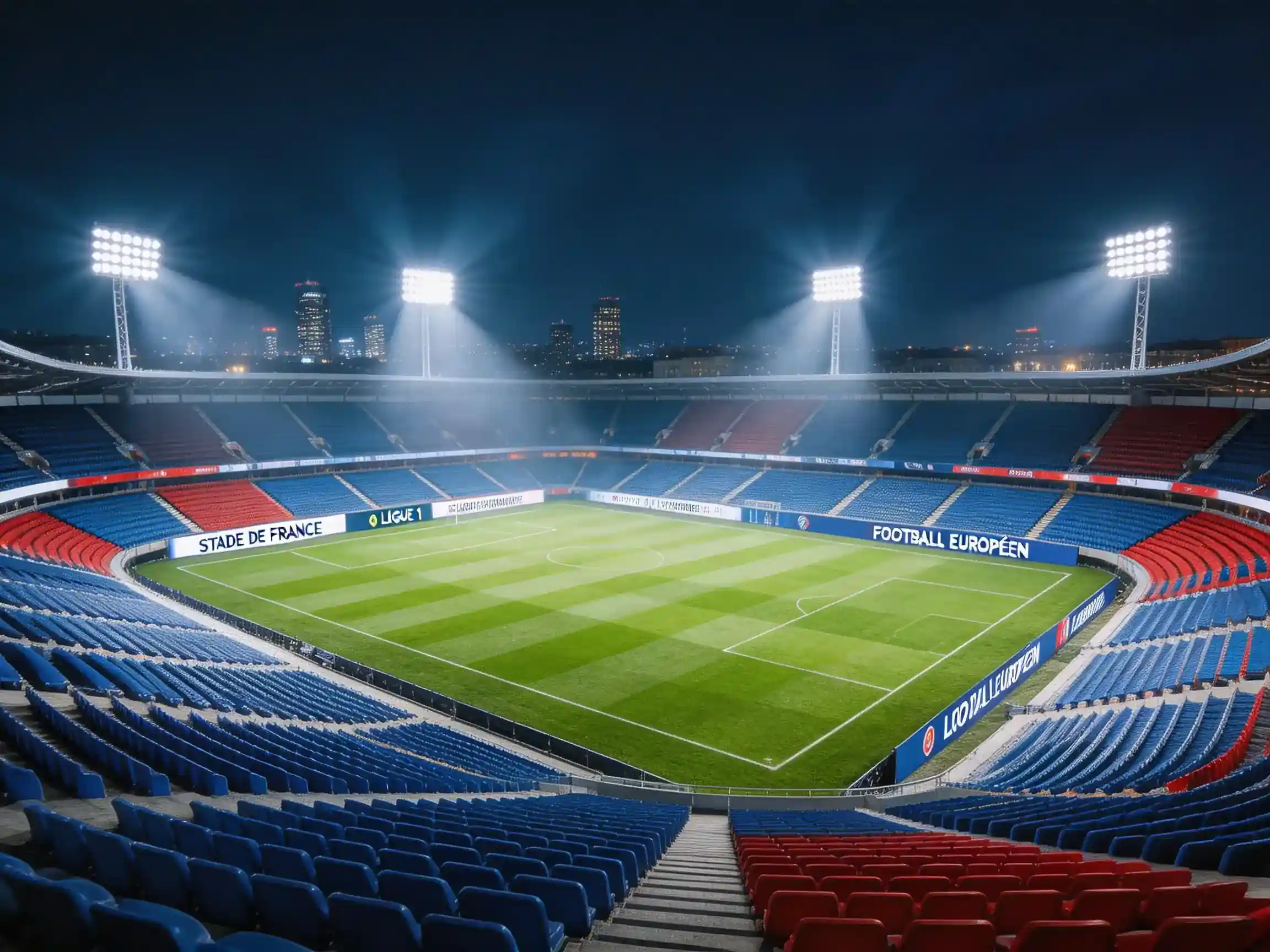 Terrain de football vu depuis les tribunes hautes d'un stade illuminé par les projecteurs en soirée